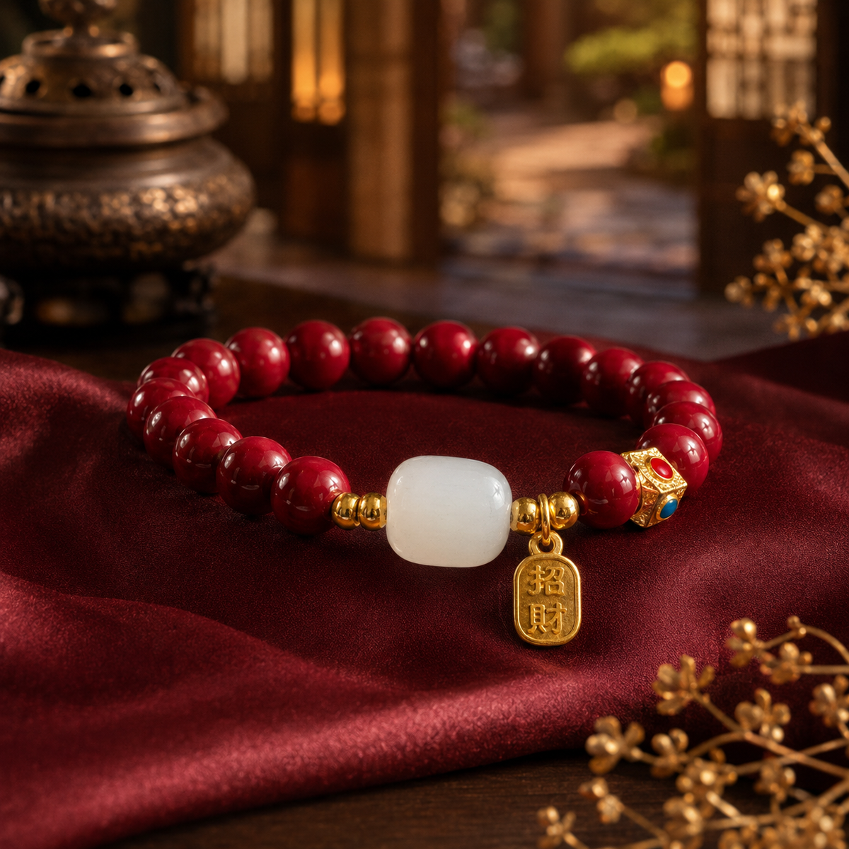 Pulseira Amuleto das Oportunidades com contas vermelhas de cinábrio, conta de jade branco e pingente dourado sobre tecido vermelho