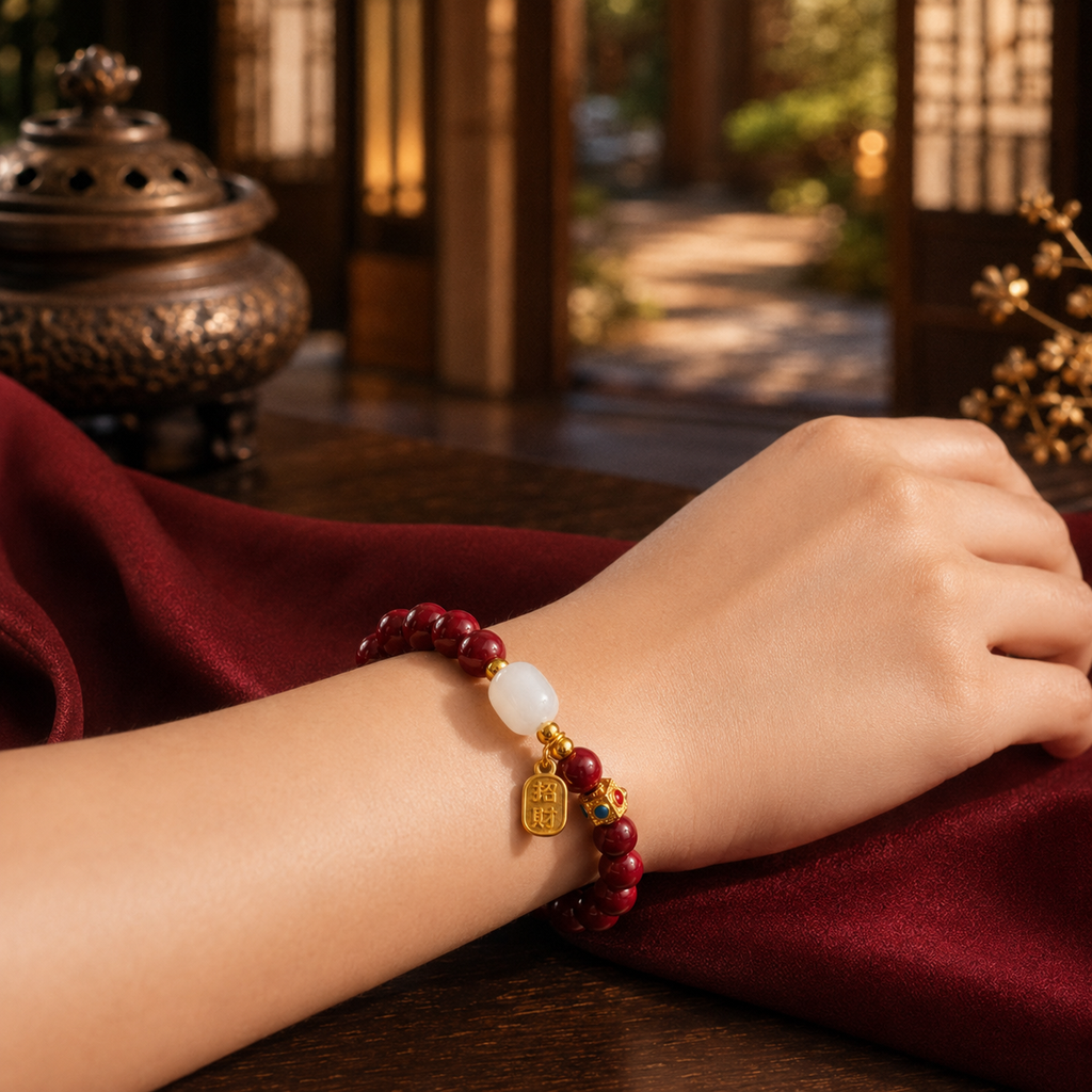 Amuleto das Oportunidades no pulso - pulseira de contas vermelhas com jade e pingente dourado da sorte