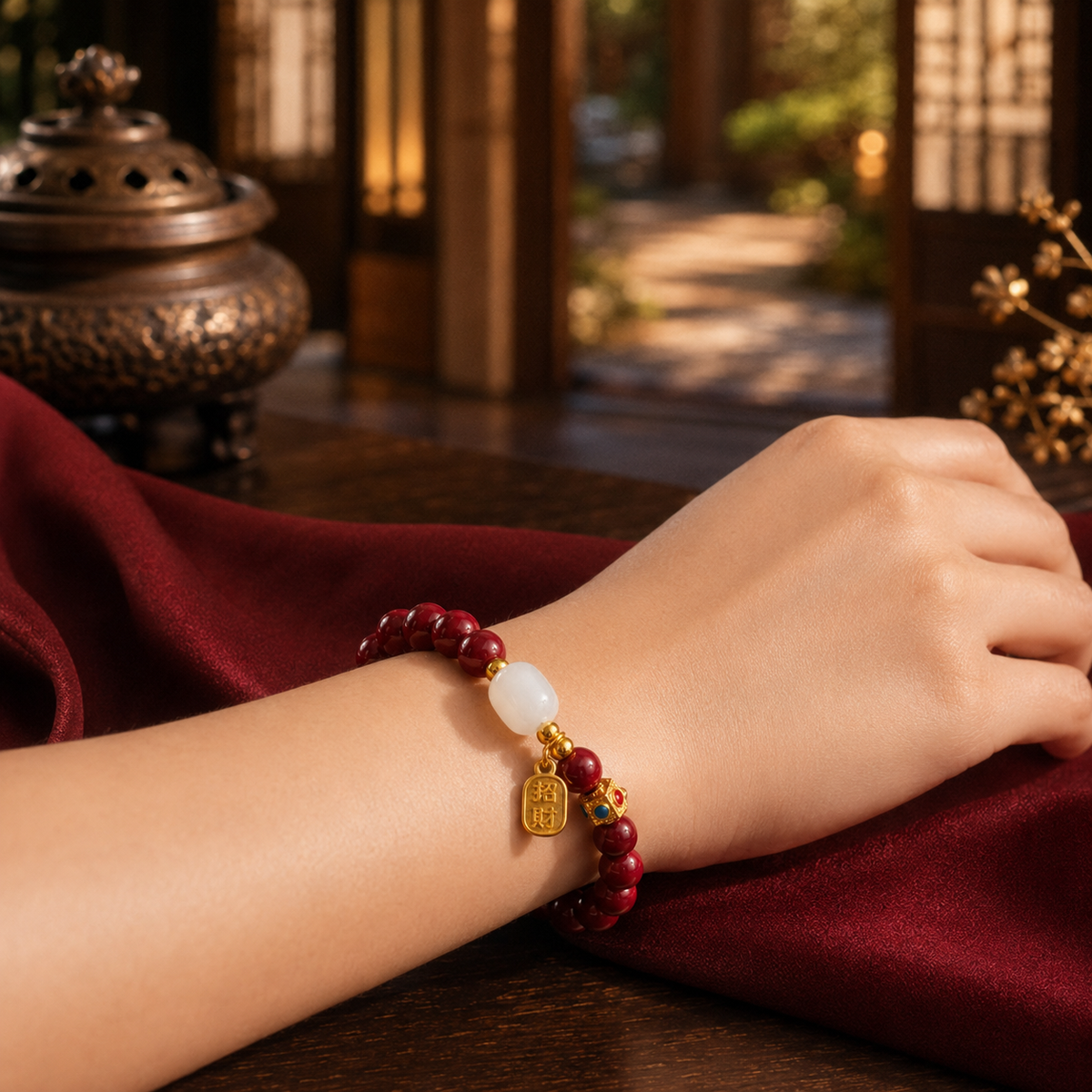 Amuleto das Oportunidades no pulso - pulseira de contas vermelhas com jade e pingente dourado da sorte