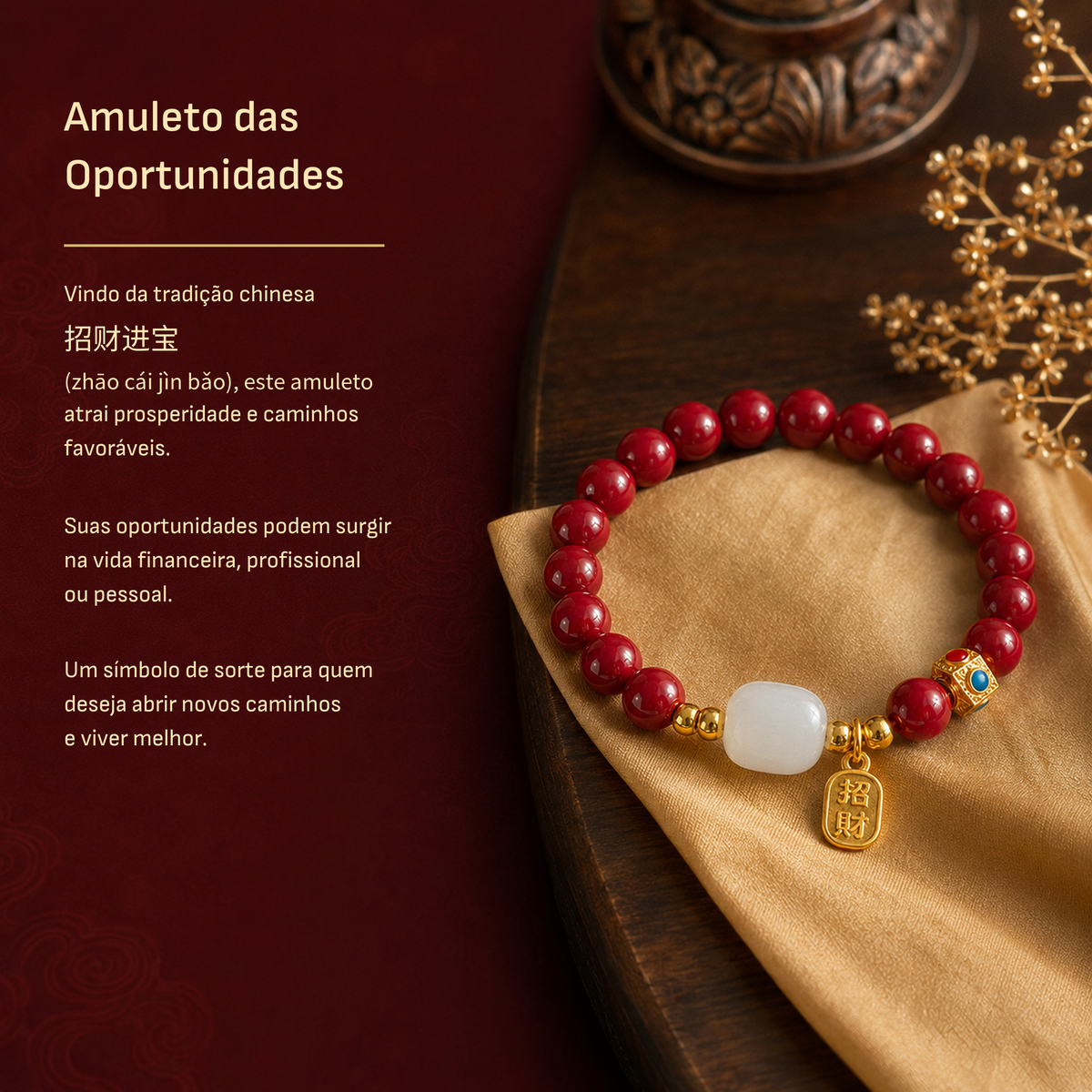 Amuleto das Oportunidades Ruvi - pulseira de contas vermelhas com jade branco e pingente dourado 招财, tradição chinesa de prosperidade