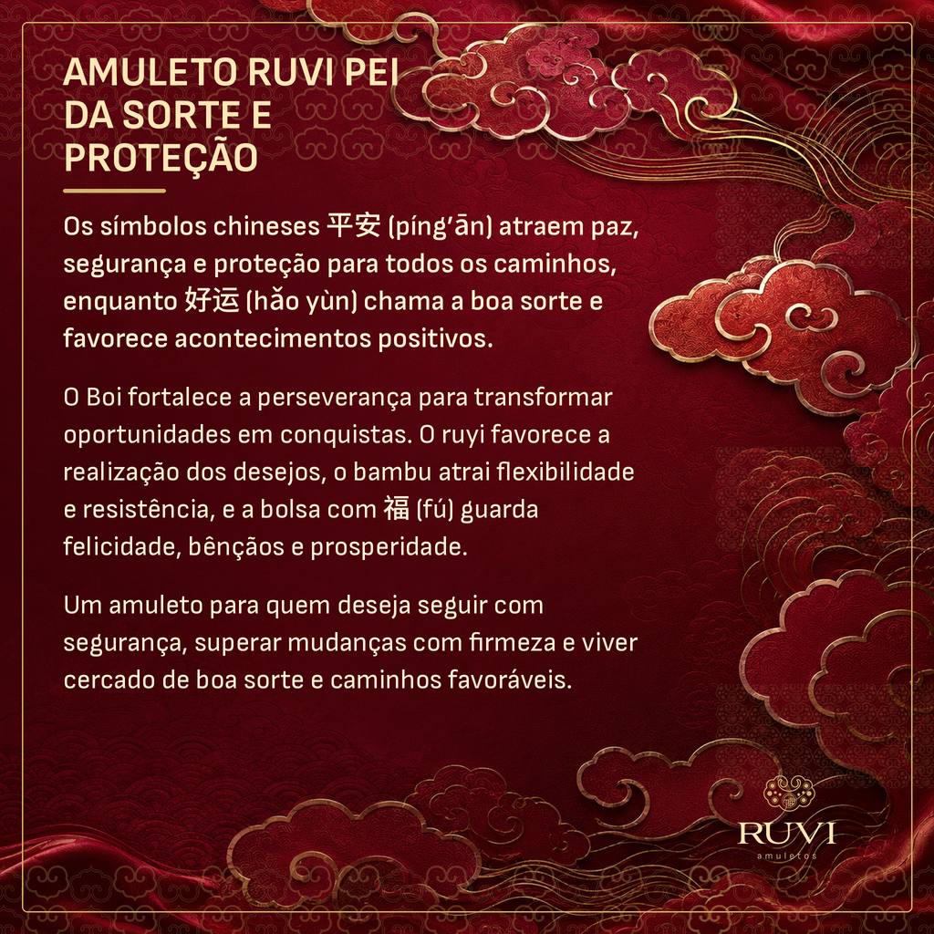 Amuleto Ruvi Pei da Sorte e Proteção - bolsa com 福 e bambu em detalhe