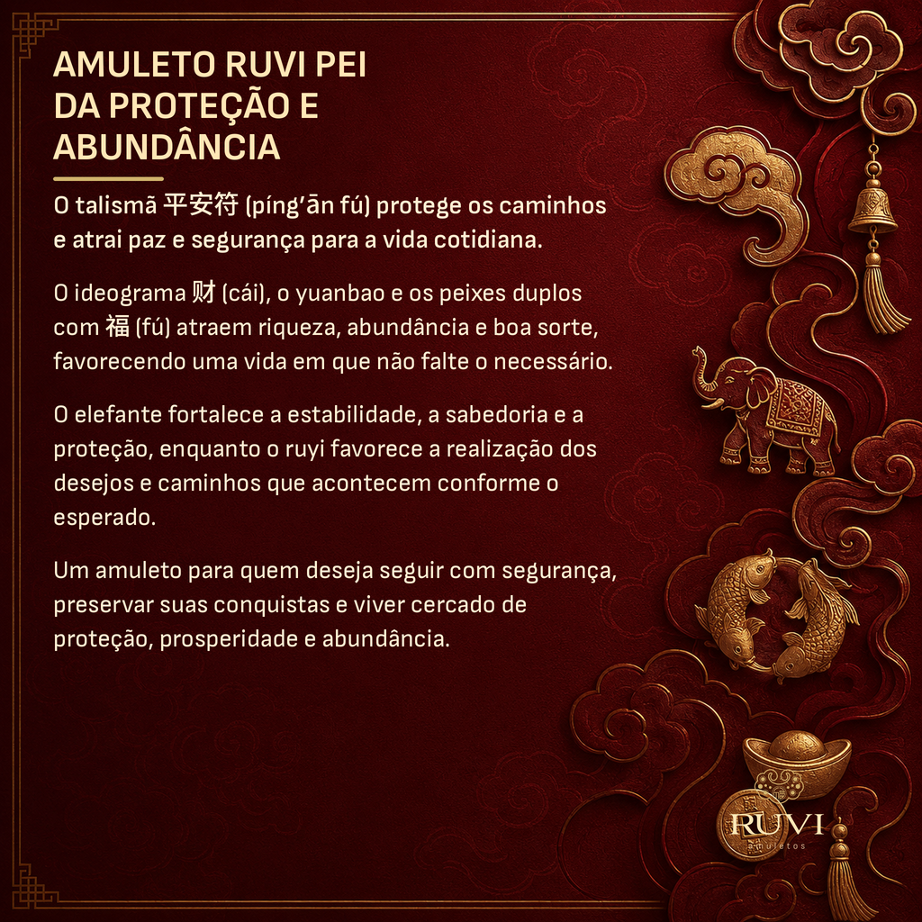 Amuleto Ruvi Pei da Proteção e Abundância - peixes duplos com 福 em detalhe