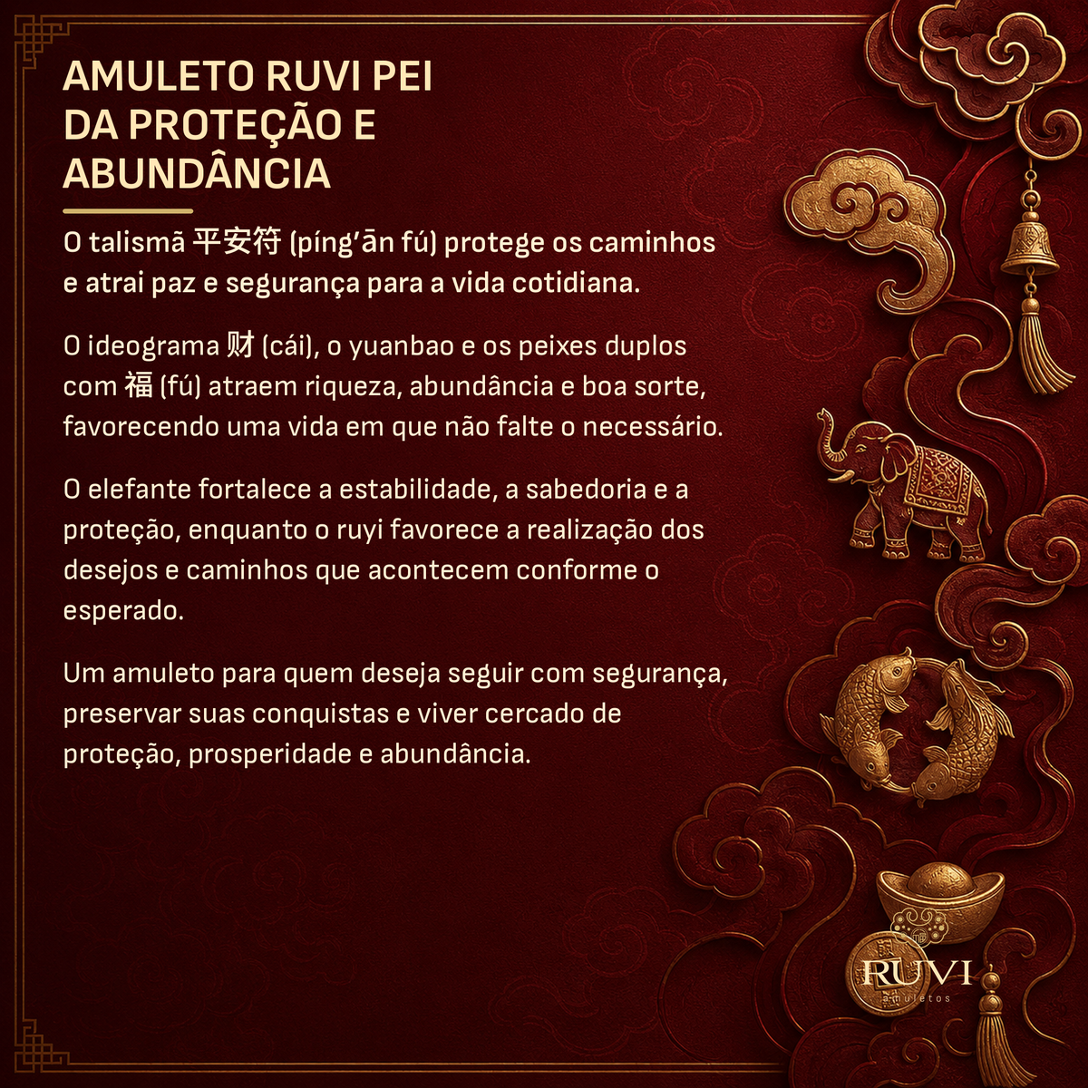 Amuleto Ruvi Pei da Proteção e Abundância - peixes duplos com 福 em detalhe