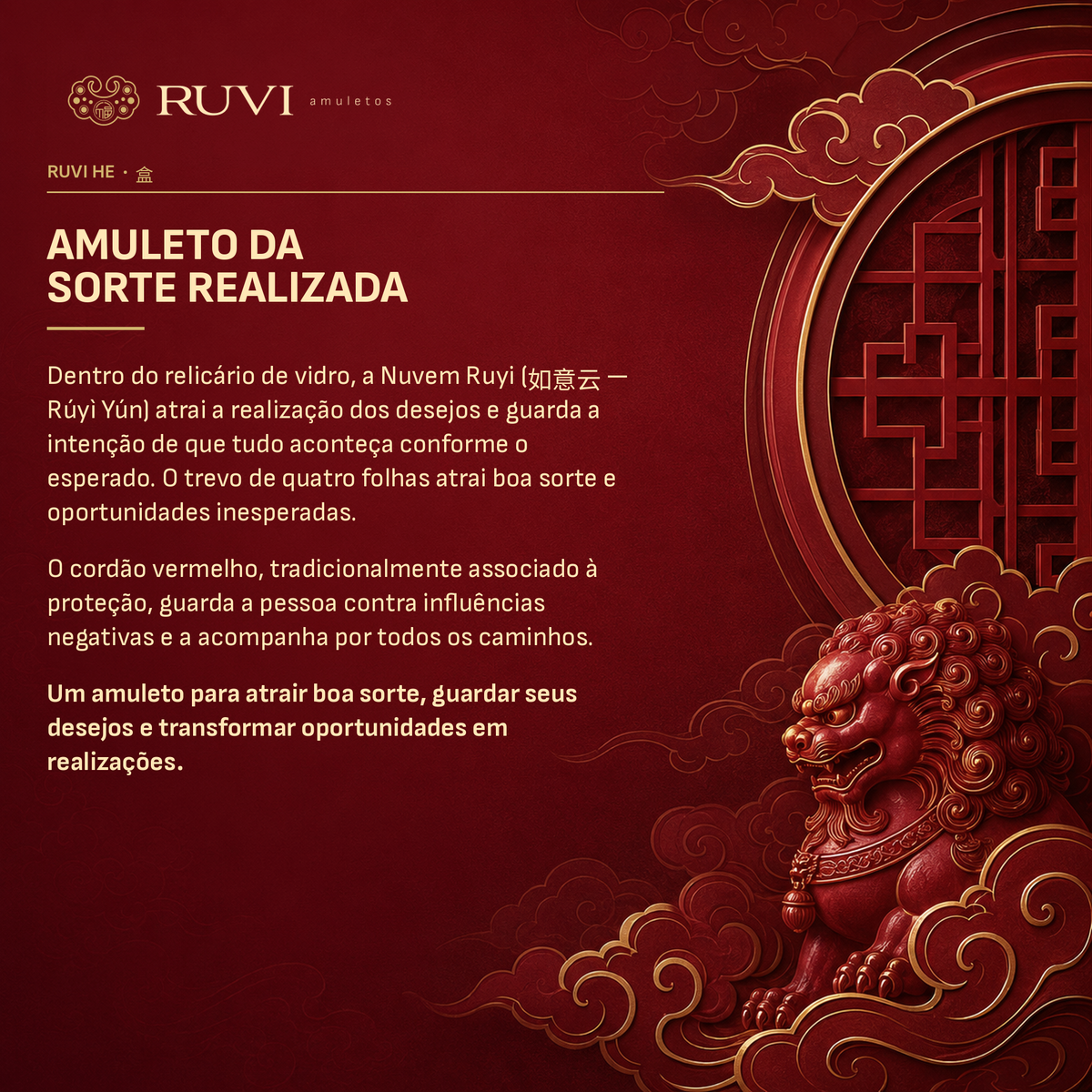 Amuleto Ruvi He da Sorte Realizada - cordão vermelho de proteção